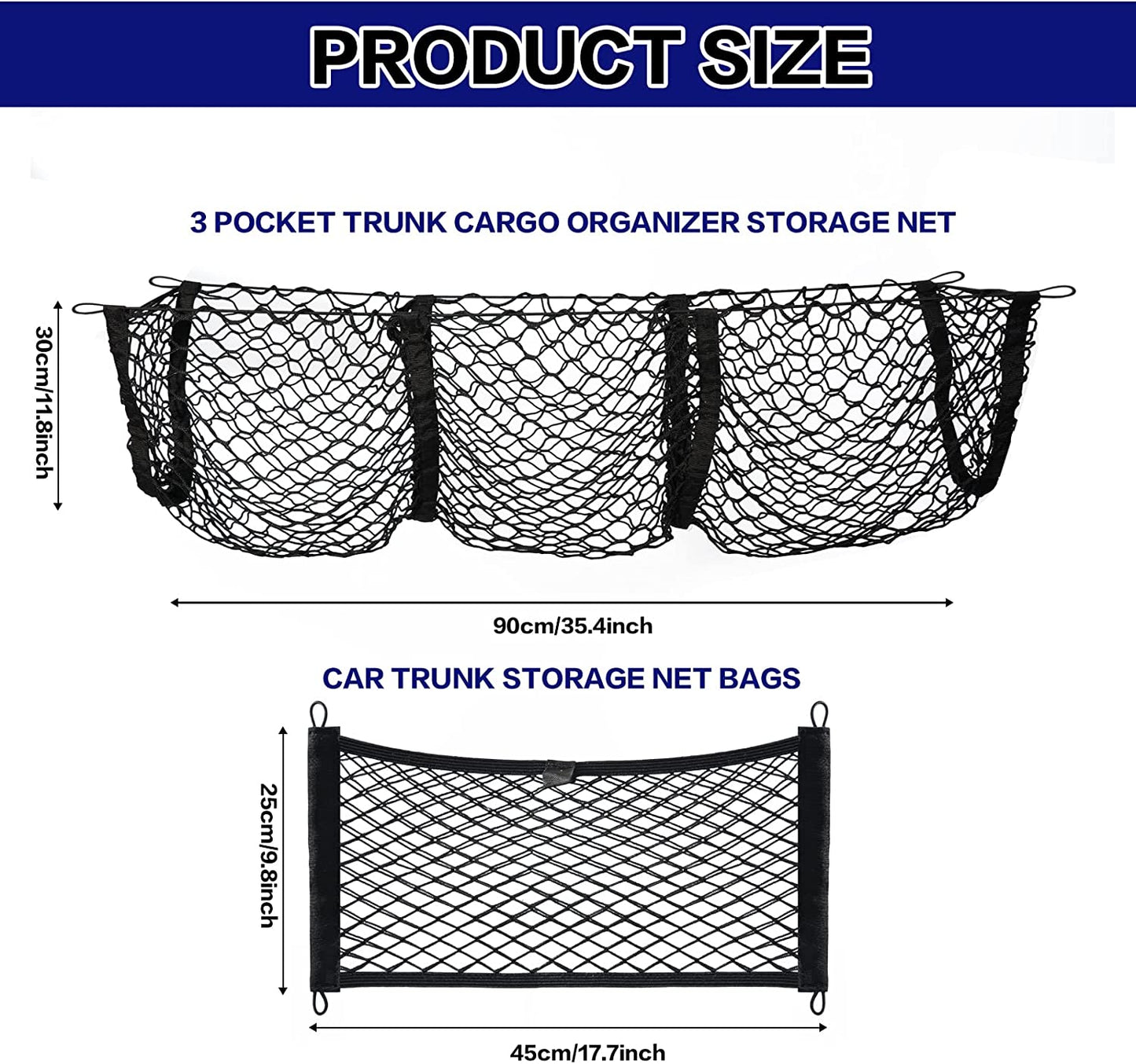 2 Pieces Stretchable Cargo Net Pocket and 3 Pocket Trunk Net Organizer