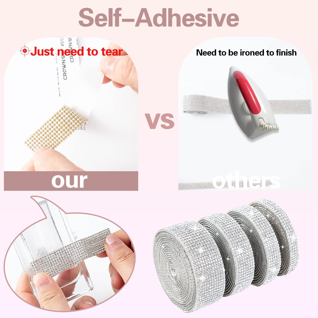 4 Rolls Silver Self Adhesive Crystal Diamond Ribbon Bling DIY Car Phone Decoration